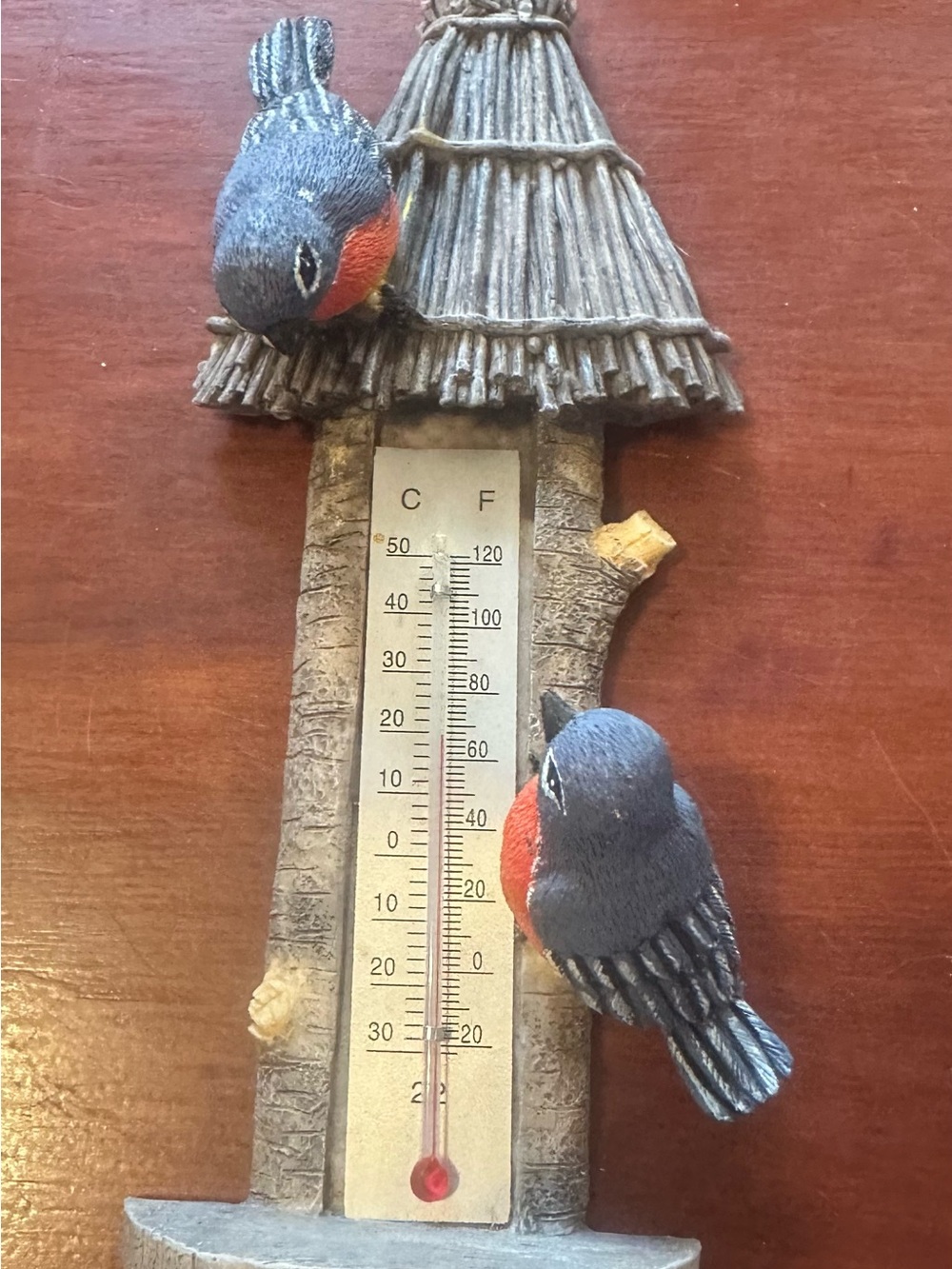 Hand-Painted Bird Thermometer Wall Accent in Blue and Red
